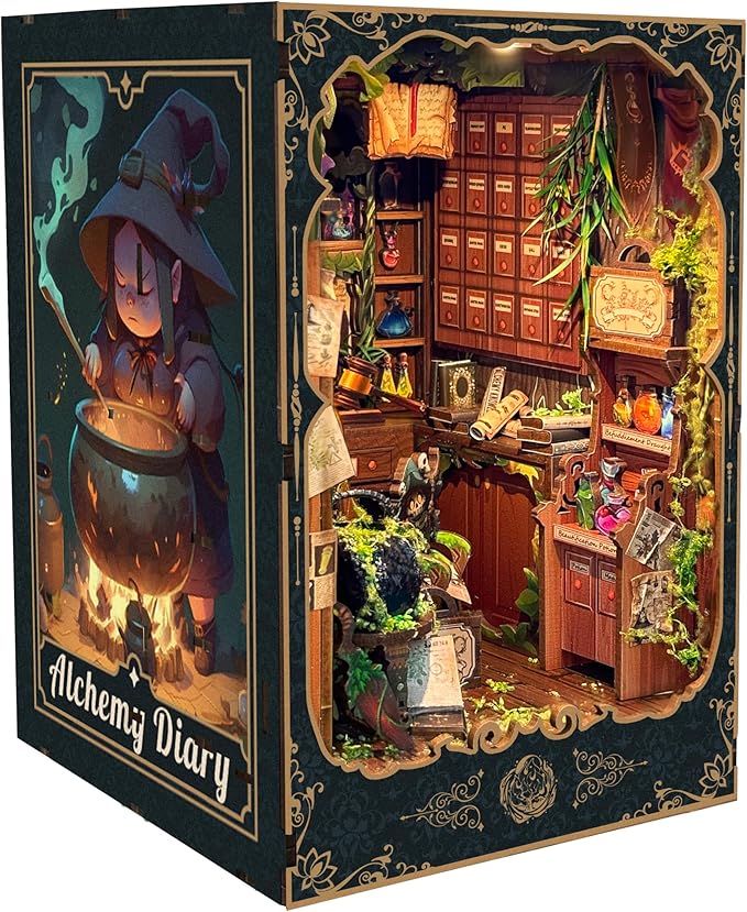 DIY Book Nook Kit for Adults and Teens 3D Wooden Puzzle Miniature Tiny House Dollhouse Kit Bookshelf Booknook Bookcase Model Build Gift Kit Decor with LED Light-Alchemy Diary(SQ-43)