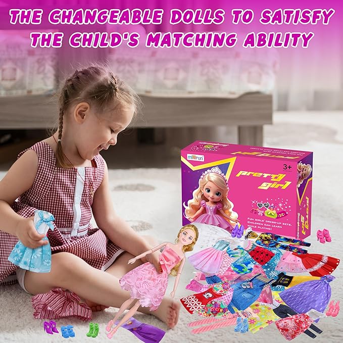 135 Pcs Doll Clothes and Accessories with Doll, Princess Gowns, Fashion Dresses, Slip Dresses, Top, Pants, Jumpsuit, Swimsuits, Shoes, Hangers, Doll Dress up Toys for Girls Kids Toddlers Toy Gifts
