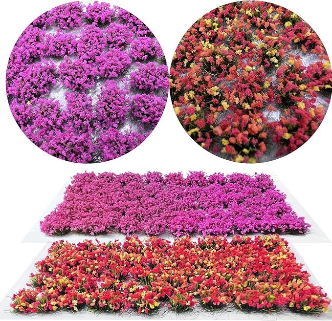 Woohome 2 Pack Miniature Colorful Flower Cluster Self Adhesive Flower Vegetation Groups Pink Orange Static Grass Tufts for Train Landscape Railroad Scenery Sand Military Layout Model