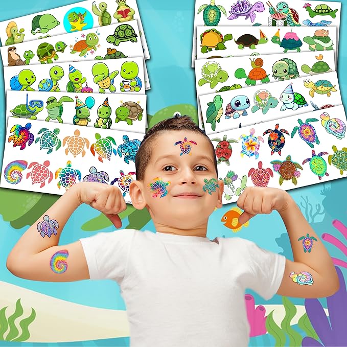 Cute Sea Turtle Temporary Tattoos Turtles Birthday Party Decorations Favors Supplies Ocean Sea Themed Stickers 10 Sheets 105 PCS Gifts for Baby Girls Boys Decor Class School Carnival Christmas