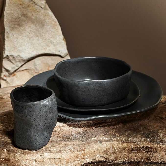 Stone by Mercer Project Atik Modern Stoneware 32-Piece Dinnerware Set, Plate and Bowl Set, Dish set for 8, Charcoal Black Speckled