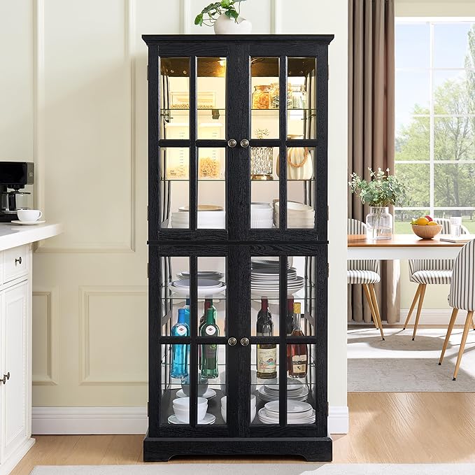 68" H Glass Curio Display Cabinet with Light, 6-Tier Wooden Storage Showcase w/ 4 Glass Doors & Adjustable Shelves, Vintage Accent Cabinet w/Mirrored Back Pane for Home & Office (Black)