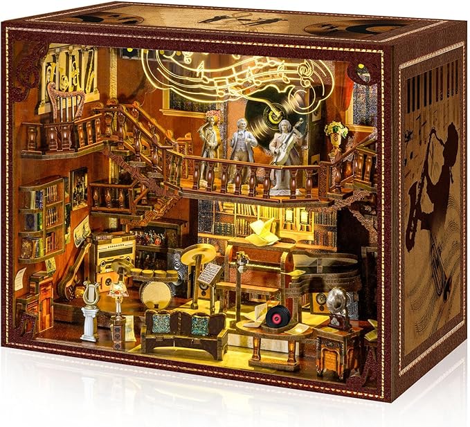 Book Nook Kit - 3D Wooden Puzzle for Adults and Teens, DIY Miniature Bookshelf Insert with LED Light, Ideal Gift for Family, Friends（Maestro's Study）
