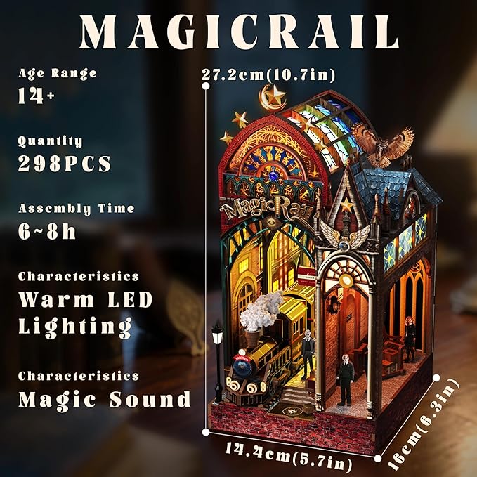 LED Book Nook Kit for Adults – DIY Miniature House Kit, Wooden Dollhouse Kit, Booknook Craft Kits, Library Bookshelf Decor, 3D Puzzles for Adults, Book Lovers Gifts, Magic Station