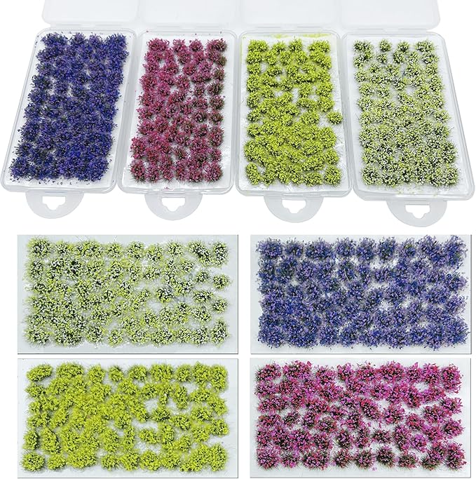 Woohome 4 Pack Miniature Colorful Flower Cluster Self Adhesive Flower Vegetation Groups Static Grass Tufts for Train Landscape Railroad Scenery Sand Military Layout Model