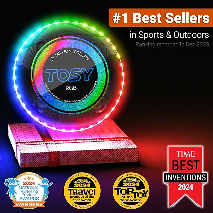 TOSY Flying Disc - 108 RGB Multicolor or 36 Monocolor LEDs, Super Bright, Smart Modes, Cool Valentine Easter Gift, Camping Toy for Kid/Teen/Adult, Auto Light Up, Rechargeable, Waterproof, 175g