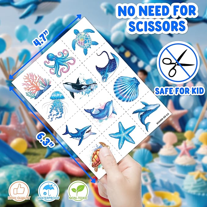 48PCS Ocean Party Favors - 24PCS Temporary Tattoos & 24PCS Stick Hands Party - Perfect Birthday Party Supplies, Goodie Bag Stuffers, Treasure Box Toys, Classroom Prizes, and Student Gifts