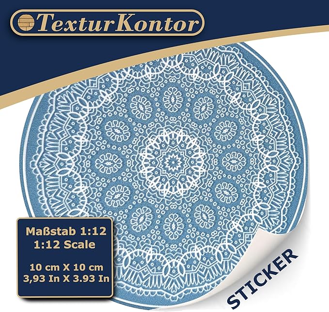 Self-Adhesive Carpet with Real Textile Structure for Dollhouses Scale 1:12 (Round Carpet Blue White 1)