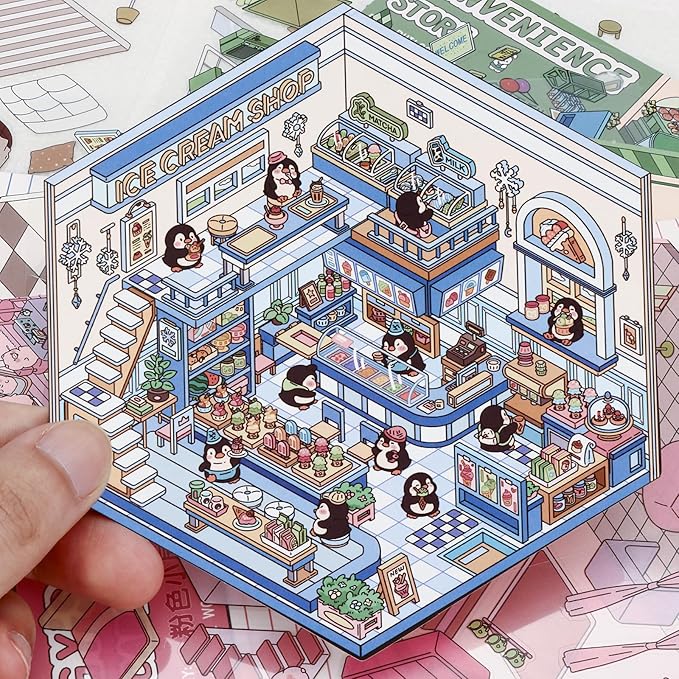 DIY 3D House Stickers, 4 Set Fun DIY Stickers Scene Make Your Own Warm Home, Supermarket, Coffee Shop, Music Bar, Cute 3D Cartoon Scene Stickers for Adult Kids Relief Stress Pass The Time (SY2.0)