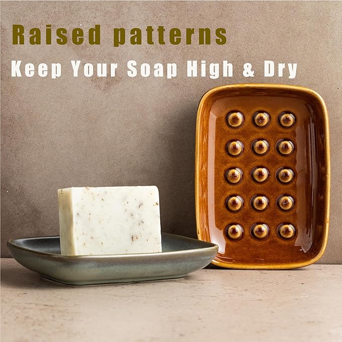 Ceramic Soap Dish for Shower, Non-Slip Bar Soap Saver Tray Bar for Bathroom Kitchen Sink Bathtub, Easy to Clean, Raised Pattern - Keep Soap Dry, Dark Green