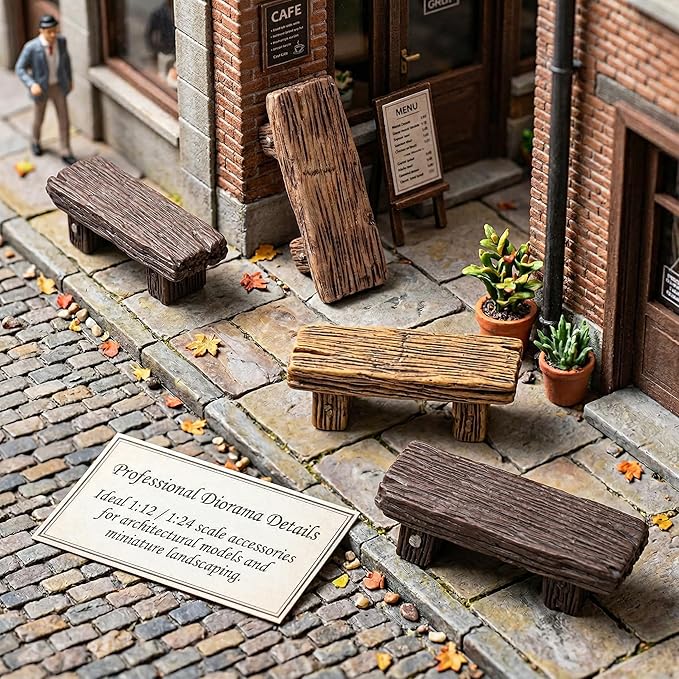 Veemoon Mini Resin Bench, 4pcs Miniature Park Bench Miniature Garden Resin Stools Craft Mini Chairs Garden Bonsai Ornaments Park Street Seat Dollhouse Decoration Accessory 2. 12x0. 71x0. 63in