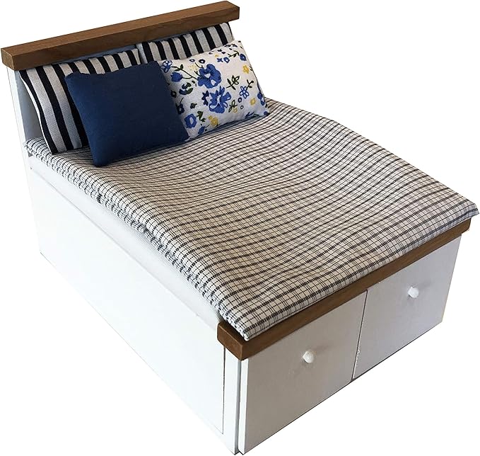 Dollhouse Furniture Queen Bed Set, mini Bedroom Accessories for 6 inch Dolls, Grey Bedding, White Wooden Frame, 1/12 Scale