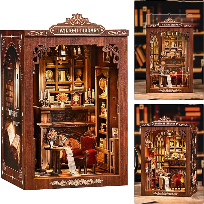 ISSEVE Book Nook Kit, DIY Miniature House Kit for Adults Teen Beginners, Dollhouse Mini Booknook Kits, Tiny House Bookshelf Decoration, 3D Wooden Puzzles Crafts Gifts (Twilight Library)