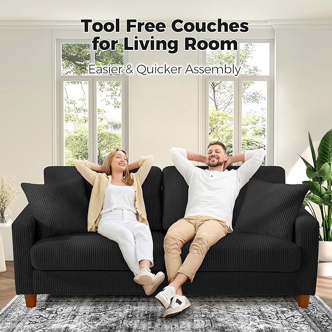 70in Corduroy Couch, Kidirect Sofa No Tool Assembly, Comfy Couches for Living Room 21in Deeper Seats, Corduroy Sofas for Living Room with 2 Pillows, Oversized Loveseat Sofa, Boho Love Seat Black Couch