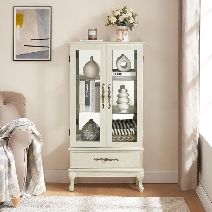 51"H Lighted Curio Display Cabinet with 2 Doors & 1 Drawer, Wooden Glass Curio Showcase w/ Adjustable Shelves & Mirrored Back Panel, Storage Cabinet Display Case for Living Room(Antique White)