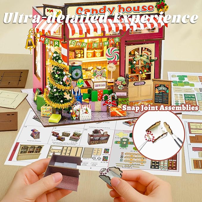 Flever DIY Miniature House Kit, Tiny Home Kit with LED Light, Mini House Build Craft Kits for Adults and Teens, Home Decor Creative Gift for Family/Friends (Christmas Candy House)