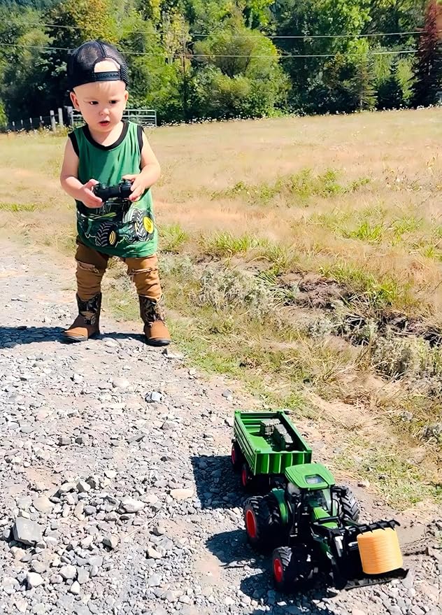 Remote Control Tractor Toy with Trailer | Metal Front & Front Loader Farm Vehicle Set with Lights & 8-Wheel Design, RC Tractor Truck for Boys & Girls Ages 3-9, Fun Farm Toy Gift for Toddlers & Kids