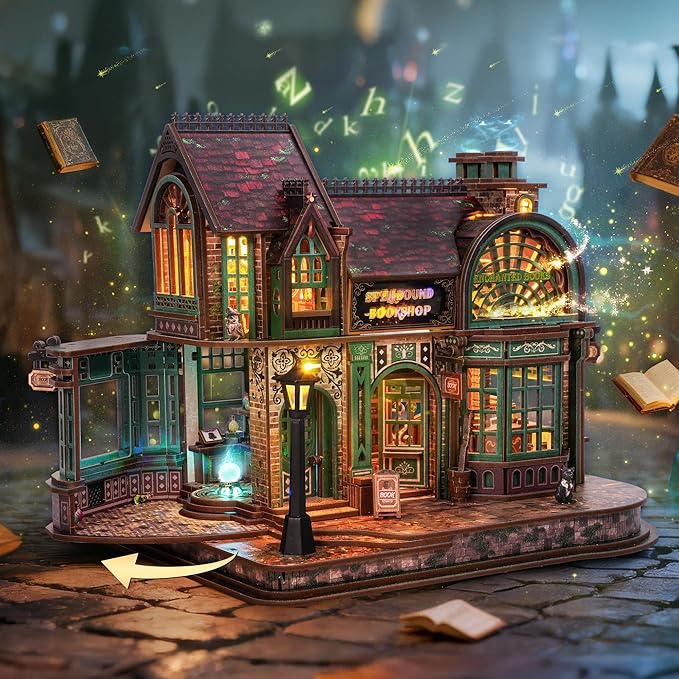 3D Wooden Puzzle Magic Bookstore with LED Lights - DIY Miniature Kit, Spellbound Bookshop, Home Décor Display, Creative Gift for Adults and Teens