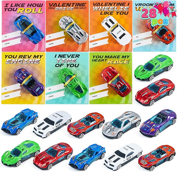 JOYIN 28 Valentines Day Gifts Cards with Die-Cast Racing Cars Vehicle for Kids School Classroom Exchange Party Favor Gift Supplies