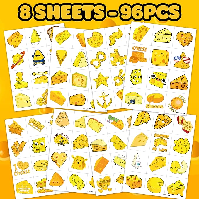 96 PCS Funny Cheese Pre-Cut Temporary Tattoos Birthday Party Decorations Supplies Favors Cute Yellow Cheese Dairy Food Sweet Cheesy Decor Stickers For Boys Girls Gift School Prizes Rewards