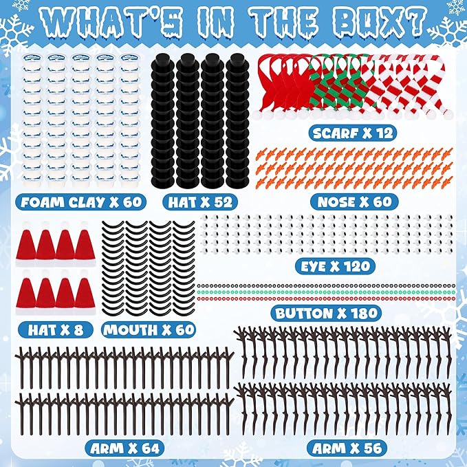 60 Pack Christmas Crafts, Christmas Snowman Presents Bulk, Build Your Snowman Kits, DIY Crafts Supplies for Kids, Party Favor for Girls and Boys, Christmas Stocking Stuffers for Kids