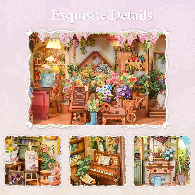 Tonecheer DIY Miniature House Kit, Book Nook Dollhouse Story Frame Kit Wooden 3D Puzzle, Wall Mountable Decor Diorama Model with Dust Cover and LED for Ideal Gift - Blossom Time