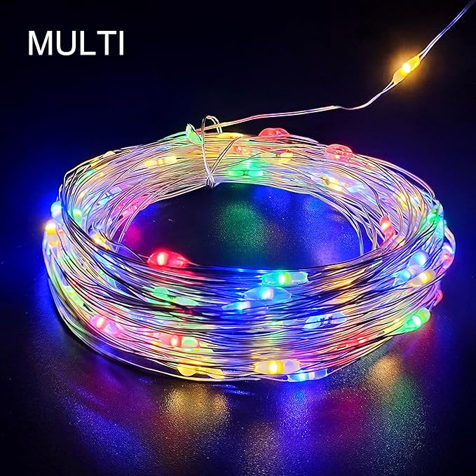 Battery Powered Silver Copper Wire LED String Lights - Remote Control, Color Changing Warm White/Multicolor, for Bedroom, Wedding, Party, Christmas Tree Decor (100LEDs)