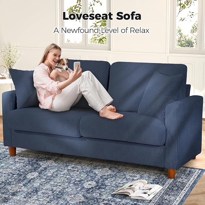 Kidirect 70in Corduroy Couch, Sofa No Tool Assembly, Comfy Couches for Living Room 21in Deeper Seats, Corduroy Sofas for Living Room with 2 Pillows, Oversized Loveseat Sofa, Boho Love Seat Blue Couch