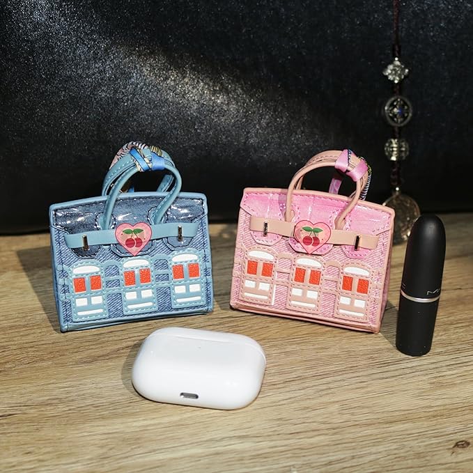 Buyborgood Women's 2 PCS Mini Tote Bag Charms Keychain Pouch Small Coin Purse Wallet (Peacock Blue + Pink)
