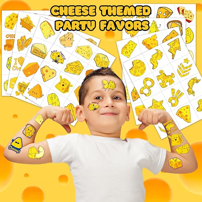 96 PCS Funny Cheese Pre-Cut Temporary Tattoos Birthday Party Decorations Supplies Favors Cute Yellow Cheese Dairy Food Sweet Cheesy Decor Stickers For Boys Girls Gift School Prizes Rewards