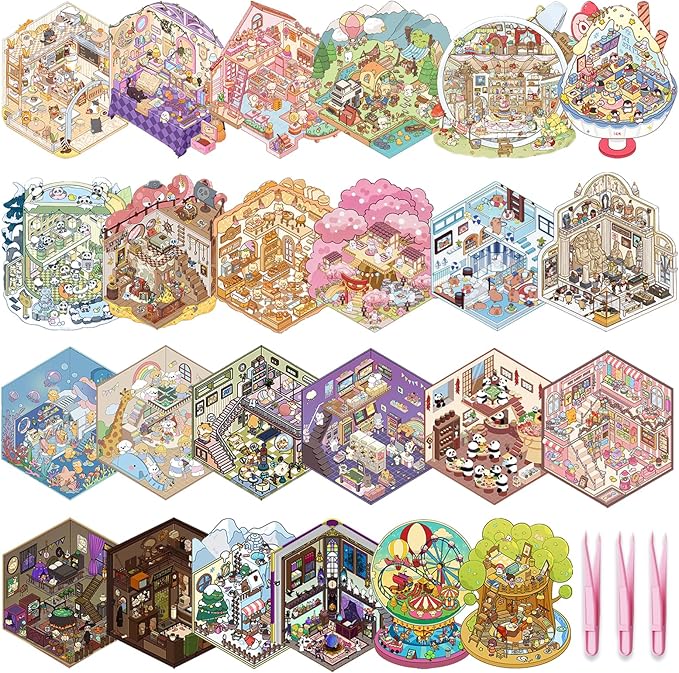 24 Sets 3D Scene Sticker Therapy Fun Cartoon Make Your Own Room Shop Scenes DIY House Stickers for Kids Cartoon Animal Relief Stress Own