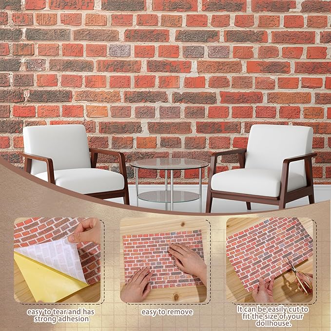 Flutesan 3 Pcs Miniature Dollhouse Wallpaper and Flooring Peel and Stick 1:12 Scale Self Adhesive Doll House Wallpaper DIY Mini Dollhouse Accessories 8.27 x 11.69 Inch(Brick Wall)