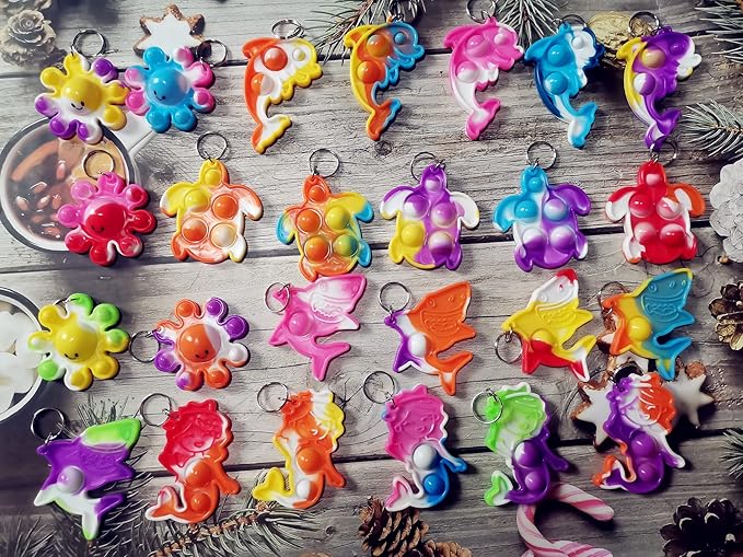 Bulk 25 Packs Ocean Animal Fidget Mini pop Keychain Rainbow Sensory Push Toy for Friend Birthday Summer Party Favors and Holiday Children Kids Students Small Prize Gift