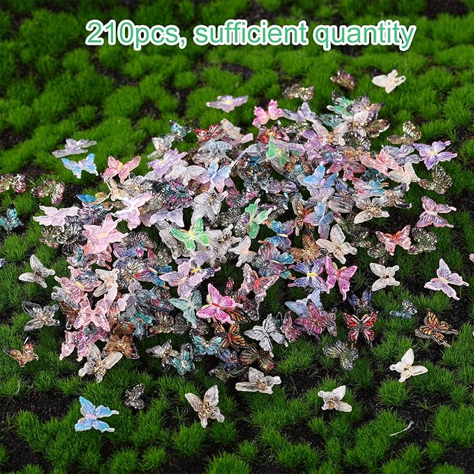 210pcs Mini Resin Butterflies, Beautiful Micro Resin Butterfly Figurines for DIY Fairy Garden Miniature Landscape Doll Houses Decor