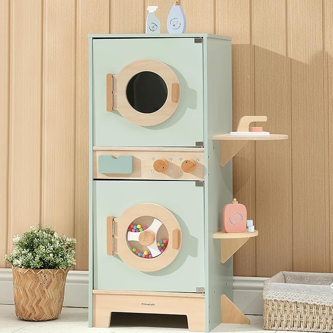 Pillowhale Wooden Washer-Dryer Playset for Kids – 2-in-1 Laundry Center Toy, Dual-Opening Doors, Spinning Drum & Click-Knobs, Basket + Iron Accessories – Montessori Pretend Play Gift Ages 3-6