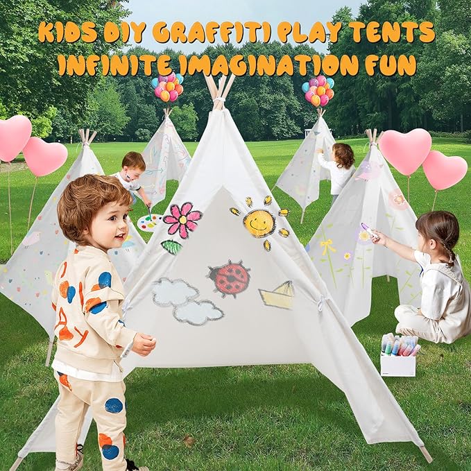 4 Pack Teepee Tent for Kids [Thickened] with Light String and Inflatable Airbed, Slumber Party Tents, Sleepover Tents Party for Girls Boys Indoor Outdoor (White)