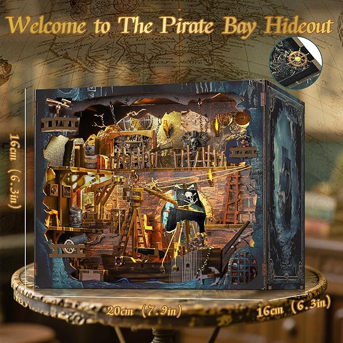 Pirate Book Nook Kit - DIY Miniature House Kit for Adults, Teens, Dollhouse Booknook Bookshelf Insert Decor with LED Light, 3D Wooden Puzzle Gifts for Family, Friends