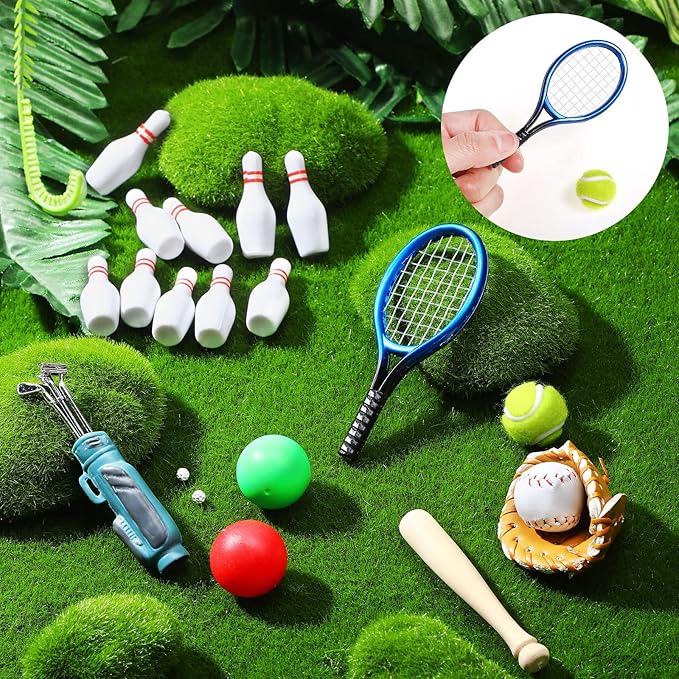 Skylety 23 Pieces Dollhouse Miniature Sports Set Mini Golf Baseball Tennis Bowling Tiny Golf Ball Clubs Ball Bats Racket Mini House Decoration Accessories for Dollhouse Collection Cake Topper Decor