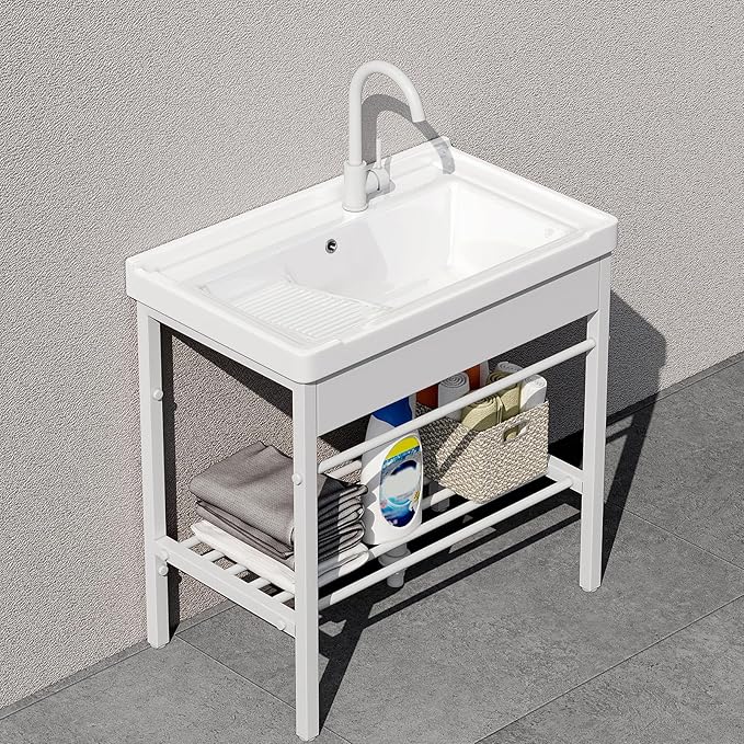 GGW Freestanding Laundry Sink, Ceramic Utility Sink with Washboard and Faucet, Laundry Tub for Laundry Room, Garage, Basement, Outdoor and Indoor, 28.3"W x 19"D x 32.3"H, White