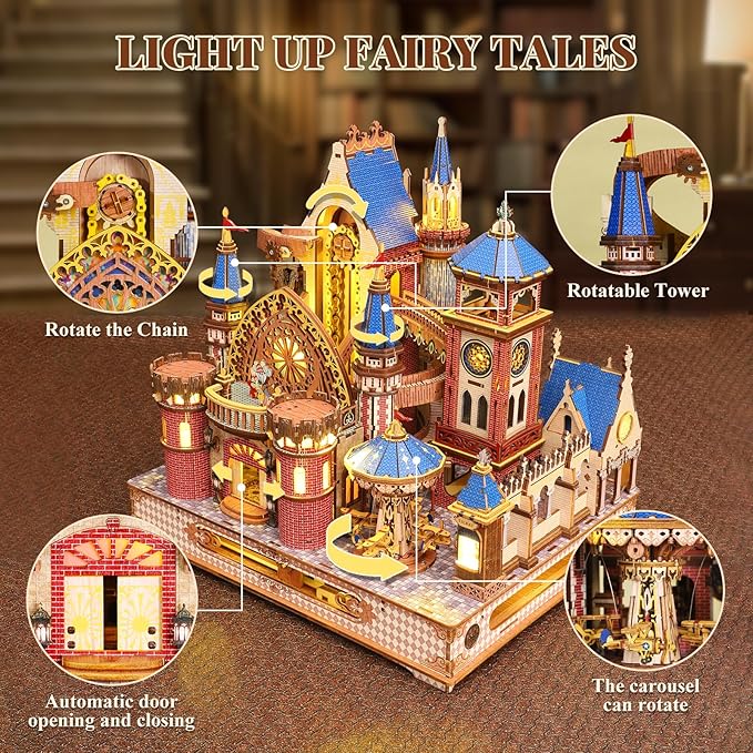 DIY 3D Wooden Puzzles for Adults,Alnwick Castle Miniature House Kit with LED Lights Arts and Crafts for Home Decor Creative Gift for Boys Girls
