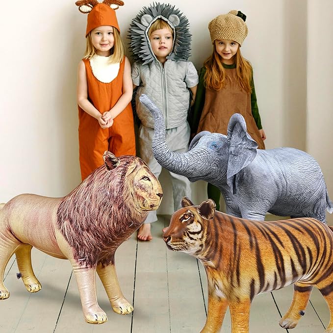 Jet Creations Life on Earth Wildlife Safari Inflatable, 3-PK, Lion, Tiger, Elephant, Realistic Animals for Party Decoration, Pool, Birthday, Jungle Photo Prop