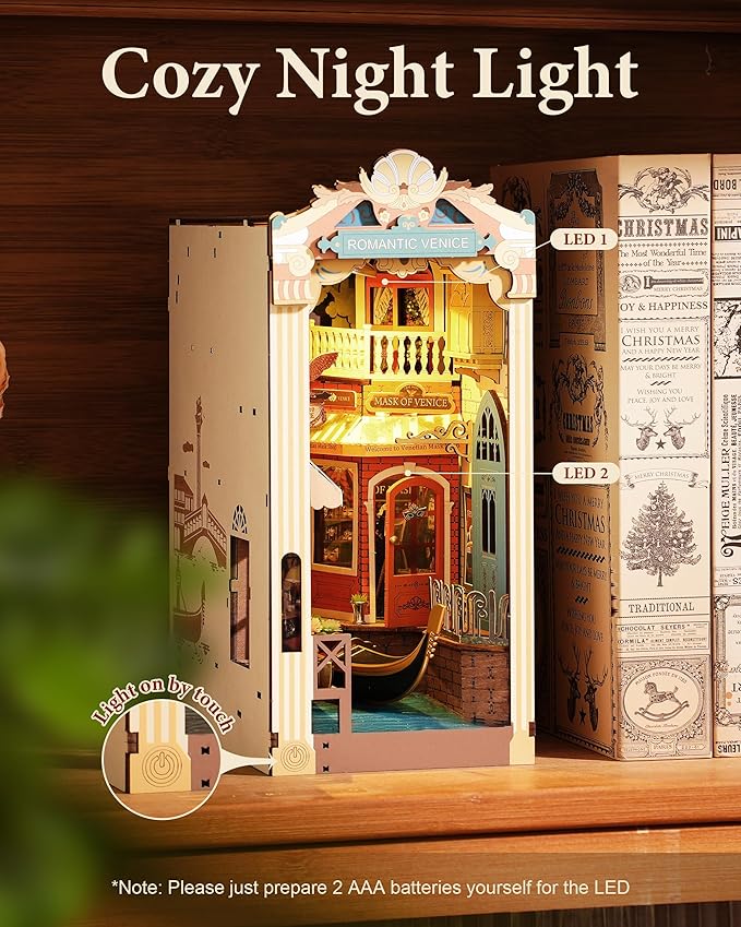 ROBOTIME Book Nook Kit with Dust Cover DIY Miniature House with LED 3D Wooden Puzzle Booknook Bookshelf Insert Decor Bookend Model Craft Hobby Gift for Teens and Adults (Romantic Venice)