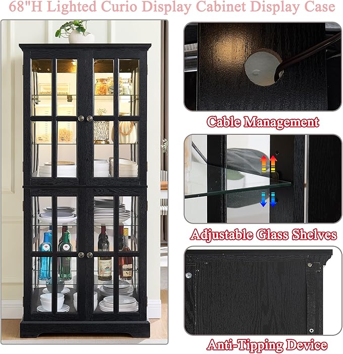 68" H Glass Curio Display Cabinet with Light, 6-Tier Wooden Storage Showcase w/ 4 Glass Doors & Adjustable Shelves, Vintage Accent Cabinet w/Mirrored Back Pane for Home & Office (Black)
