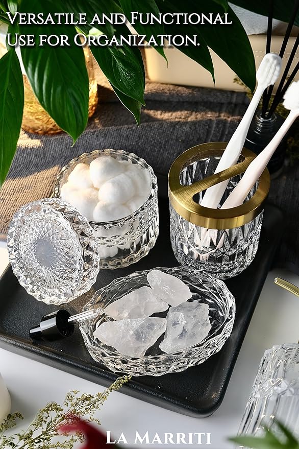 LaMarriti Glass Bathroom Accessories Set, 5pcs Crystal Clear Bathroom Set Accessories, Soap Dispenser, Toothbrush Holder Set, Soap Dish, Tumbler, Qtips Holder for Vintage Bathroom Decor, Gift Set
