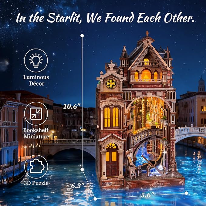 Venice Night Starlit Book Nook Kit – LED 3D Wood Puzzle with Infinity Mirror – DIY Bookshelf Decor, Miniature Craft Gift for Kids and Adults