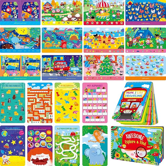 2 Travel Game Pads, 61 Dry Erase Activities Games Reusable & Erasable Book, Fun Explore & Find Brain Challenge Games Interesting Educational Toy and Learning Tool for Road Trip Airplane Travel