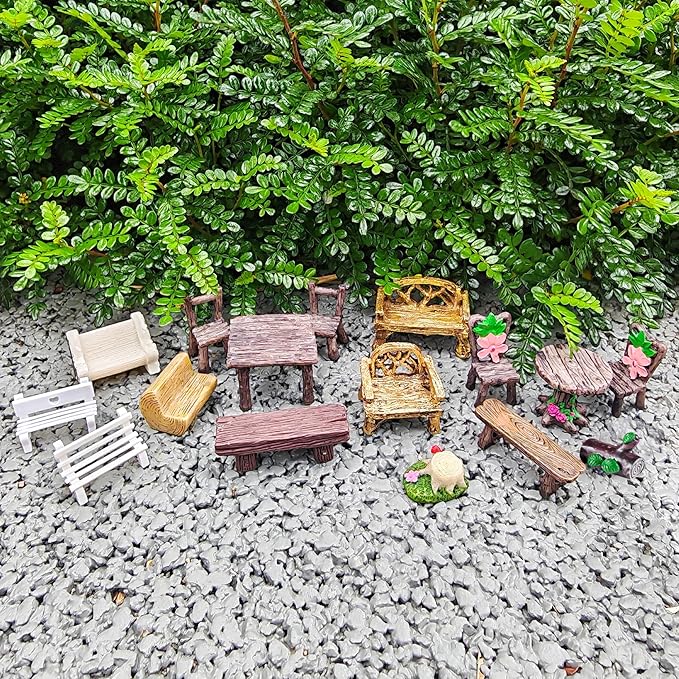 Miniature Garden Furniture Set - 14-Piece Resin Miniature Table and Chairs Set for Outdoor Decor, Adult DIY Craft Gift & Micro Landscape Decor Accessories (Village)