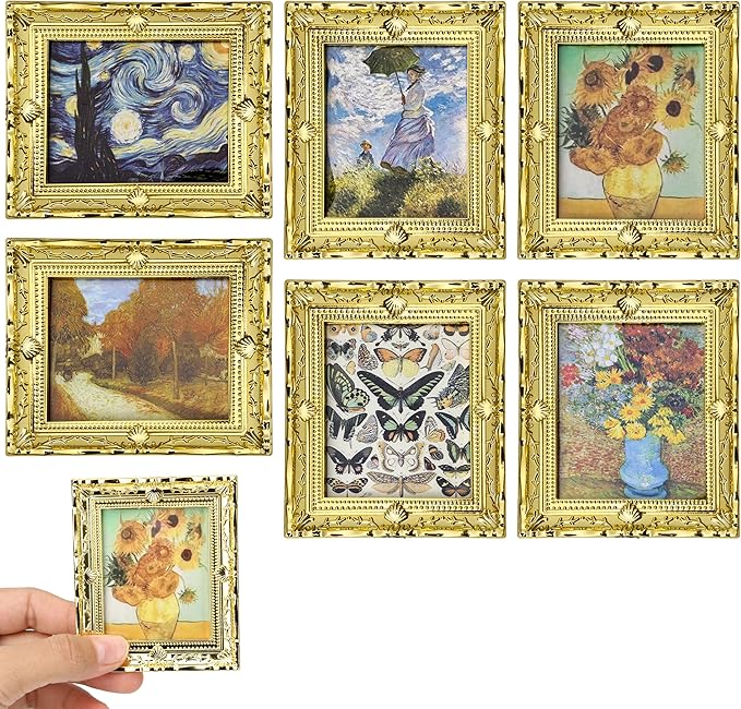 6PCS Mini Framed Art Dollhouse Wall Art Set – 1:12 Scale Miniature Framed Picture Painting, Vintage Golden Antique Gold Frames Oil Photo for Gallery Home Decor Accessory, Tiny Van Gogh Monet Artwork