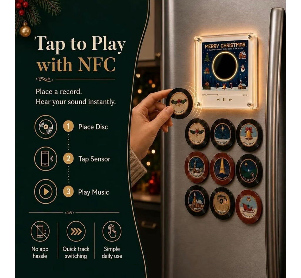 Christmas Vinyl Record Fridge Magnets Music Box Set, 9 PC NFC Programmable Mini Player, Retro Jingle Bell Desk Decor & Custom Storage Gift