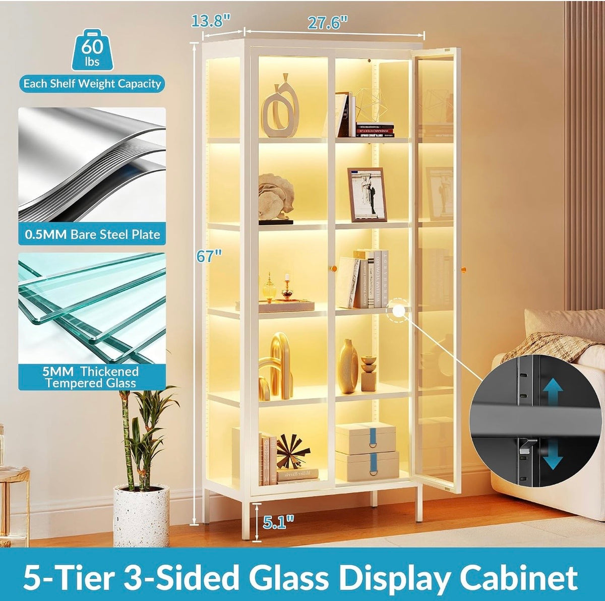 5-Tier Glass Display Cabinet with 13 Color Lights, 67" H
3-Sided Tempered Glass, 60lb/Shelf, Magnetic LED Strip, Adjustable Shelves, Metal Frame, White Curio Cabinet